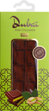 Zielone pudełko czekolady Dubai Style z okienkiem, ukazujące tabliczkę czekolady i pistacje.