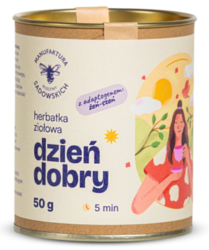 Beżowa puszka herbatki ziołowej Dzień dobry Manufaktura Sadowskich (50g) z żeń-szeniem i guaraną, widok z przodu.