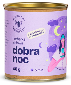 Purpurowa puszka herbatki ziołowej Dobranoc z ashwagandhą, Manufaktura Sadowskich, widok z przodu.
