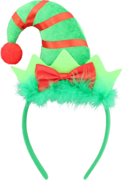 Zielona opaska elfa z czapeczką w czerwone paski, 'zębatym' zielonym rantem, czerwoną kokardą i pomponem.
