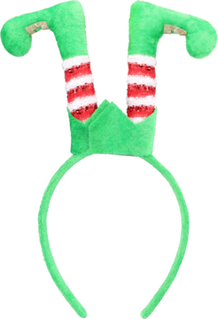 Zielona opaska świąteczna z zabawnymi nogami elfa w czerwono-białe paski, idealna na imprezę, widok z przodu.