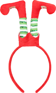 Czerwona pluszowa opaska świąteczna z zabawnymi, zielono-białymi, pasiastymi elfimi nogami, widok z przodu.