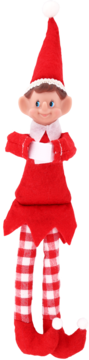 Świąteczna lalka Elf on the Shelf w czerwono-białym stroju w kratkę, czapce i butach, widok z przodu.