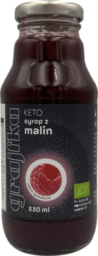 Keto syrop malinowy Grajfka w butelce 330ml, ciemny płyn, czarna etykieta z maliną, widok z przodu.