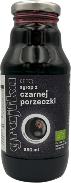 Grajfka Keto syrop z czarnej porzeczki 330ml, bio. Czarna butelka z etykietą, srebrna nakrętka, widok z przodu.