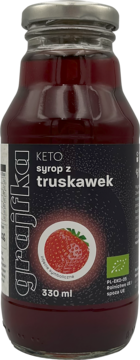 Grajfka Keto syrop truskawkowy 330ml w butelce, ciemna etykieta z truskawką i logo BIO, widok z przodu.