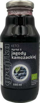 Grajfka Keto syrop z jagody kamczackiej 330ml w szklanej butelce z czarną etykietą, widok z przodu z grafiką owoców.