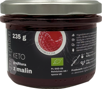 Słoik Keto Grajfitury z malin Grajfka, 235g, ciemnoczerwona konfitura bez cukru, widok z przodu.