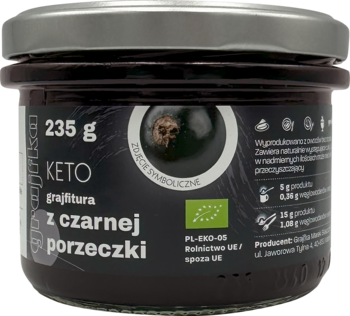 Słoik Keto grajfitury z czarnej porzeczki Grajfka 235g, ciemna etykieta, srebrna pokrywka, widok z przodu.