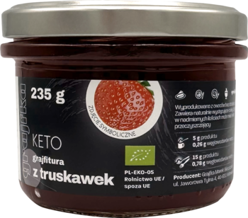 Keto Grajfitura z truskawek 235g, konfitura słodzona erytrytolem, w szklanym słoiku z przodu.