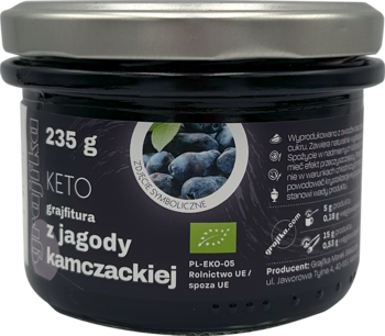 Słoik grajfitury keto Grajfka z jagody kamczackiej, ciemnofioletowa etykieta, widok z przodu.
