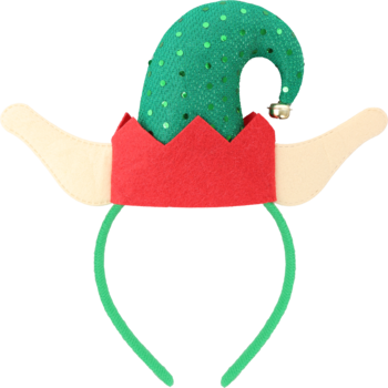 Opaska elfie uszy świąteczna z zielonym kapeluszem w cekiny, czerwonym rondem i dzwoneczkiem, z przodu.