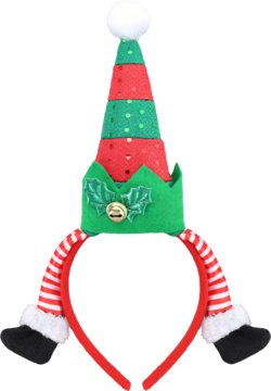 Opaska elf na głowę: zielono-czerwony kapelusz z cekinami, dzwoneczkiem i nóżkami w paski.