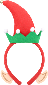 Czerwono-zielona opaska elf na głowę, z filcowym kapeluszem, zieloną koroną i beżowymi uszami. Widok z przodu.