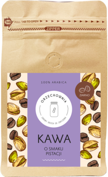 Brązowa torebka kawy ziarnistej Orzechownia 100% Arabica o smaku pistacji, z fioletową etykietą.