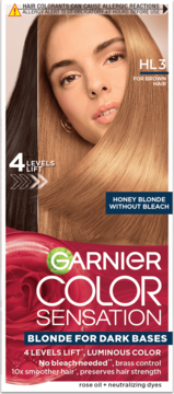Modelka z brązowymi i miodowymi włosami obok Garnier Color Sensation HL3 Honey Blonde farba bez rozjaśniacza.