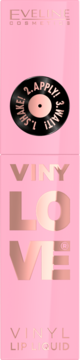 Eveline Vinylove Vinyl Lip Liquid, różowe opakowanie z efektem tafli, złotymi napisami i ikoną winylowej płyty, widok z przodu.