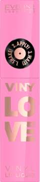 Eveline Vinylove Vinyl Lip Liquid Dusty, różowe opakowanie z rose gold napisem i grafiką płyty winylowej.
