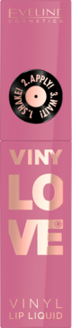 Eveline VinyLove Vinyl Lip Liquid, różowe opakowanie, instrukcja 'SHAKE! APPLY! WAIT!' na winylu.