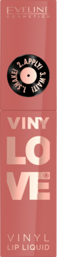 Eveline VinyLove Vinyl Lip Liquid, odcień Peachy. Prosta buteleczka z etykietą winylową i instrukcjami.