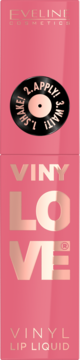Eveline Vinylove Vinyl Lip Liquid, różowy podłużny flakon z złotymi napisami, widok z przodu, z ikoną płyty winylowej.