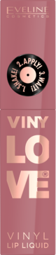 Eveline Vinylove Vinyl Lip Liquid, błyszcząca pomadka winylowa w odcieniu mauve. Opakowanie z metalicznym logo i etykietą.