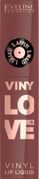 Eveline Vinylove Vinyl Lip Liquid Nudy, widok z przodu. Opakowanie z napisem VINYLOVE i ikona winylowej płyty.