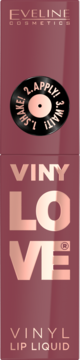 Eveline Vinylove Vinyl Lip Liquid, bordowa pomadka w błyszczącej tubce z grafiką winylowej płyty.