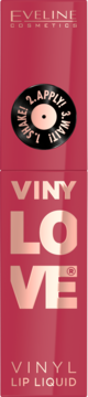 Eveline Vinylove Vinyl Lip Liquid Hotty, intensywnie różowa pomadka w płynie z naklejką winylu, frontalny widok.