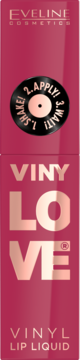 Eveline Vinylove Vinyl Lip Liquid, różowa pomadka w płynie z etykietą 'SHAKE! APPLY! WAIT!' jak płyta winylowa.