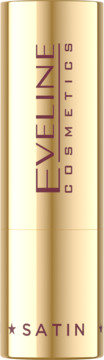 Złota satynowa pomadka Eveline Cosmetics, pionowy widok tubki z napisami "EVELINE" i "SATIN".