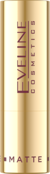 Złota matowa pomadka Eveline Cosmetics, walcowate opakowanie z logo i napisem MATTE. Widok z przodu produktu.