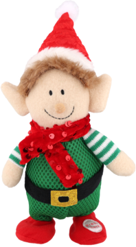 Pluszowy elf świąteczny w czerwonej czapce i cekinowym szaliku, zielonym stroju. Z przodu, z przyciskiem "Press Me" na bucie.
