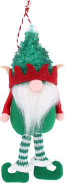 Pluszowy krasnal świąteczny w zielonej futrzanej czapce z czerwoną koroną, biała broda, zielone buty, widok z przodu.