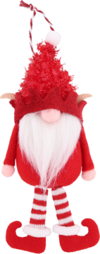 Czerwony krasnal świąteczny z białą brodą, różowym nosem, błyszczącą czapką i pasiastymi nogami, widok przodem.