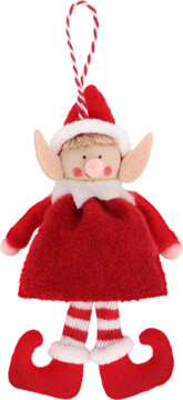 Pluszowy czerwony elf-zabawka świąteczna z czerwoną sukienką, uszami i butami. Wisi na sznurku, widok z przodu.