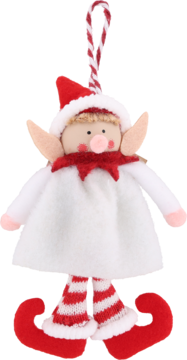 Dekoracyjna figurka elfa świątecznego w białym ubranku, czerwonej czapce, z pasiastymi nogami i cukierkową zawieszką.