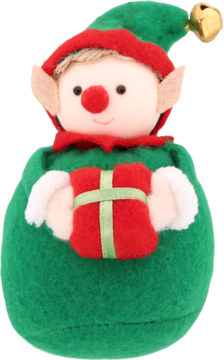 Pluszowa maskotka elf bożonarodzeniowy, ubrany w zielony strój z czerwoną czapką i dzwonkiem, trzyma prezent.
