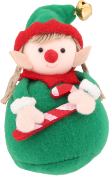 Zielony filcowy elf świąteczny z dzwonkiem na czapce i czerwono-białym lizakiem w rękach, widok z przodu.