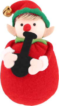 Czerwony pluszowy elf świąteczny z dzwoneczkiem na czapce, trzymający czarną fajkę, widok z przodu.