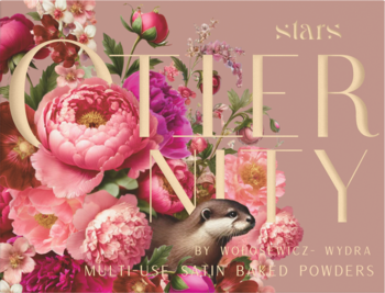Paleta Stars Otternity do konturowania twarzy: satynowe róże, bronzer, pudry, wzór z wydrą i kwiatami.