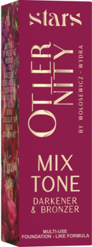 Pionowe opakowanie Stars Otternity Mix Tone Darkener & Bronzer w burgundzie ze złotymi napisami, widok z przodu.