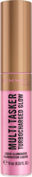 Rimmel Multi Tasker Turbocharged Glow, różowy płynny rozświetlacz w butelce z miedzianą nakrętką, widok z przodu.