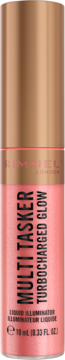 Rimmel Multi-Tasker Turbocharged Glow płynny rozświetlacz, brzoskwiniowa tubka, złota zakrętka, widok z przodu.