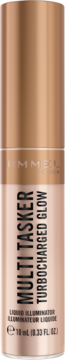 Rimmel Multi-Tasker Turbocharged Glow, płynny rozświetlacz w podłużnej złoto-beżowej butelce z metalicznym połyskiem, front.