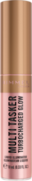 Rimmel Multi Tasker Turbocharged Glow rozświetlacz w płynie, różowo-złota butelka 10ml, widok z przodu.