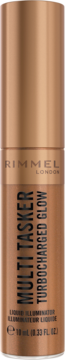 Rimmel Multi Tasker Turbocharged Glow, rozświetlacz w płynie, w miedzianej butelce 10ml, widok z przodu.