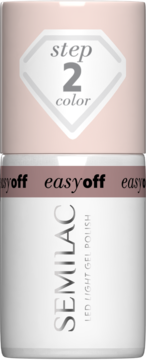 Semilac Easy Off LED Light lakier hybrydowy Mocha Cream. Beżowa butelka z napisem 'step 2 color' i 'easy off'.