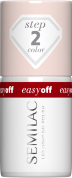 Biała butelka lakieru Semilac Easy Off LED Light Gel Polish, z czerwoną opaską i jasnoróżowym korkiem 'step 2 color'.