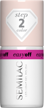 Biały Semilac Easy Off LED Light Gel Polish, z jasnoróżową nakrętką z "step 2" i różowym paskiem easyoff.